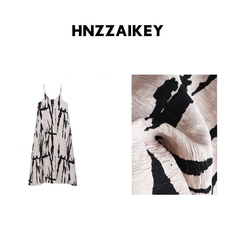 HNZZAIKEY 新中式立体压褶肌理感复古水墨印花吊带连衣裙 SN7474