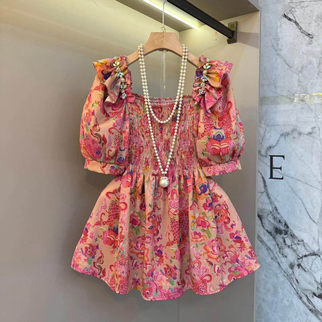 2025复古印花木耳边方领手工缝钻前后松紧收腰胖妹妹显瘦上衣2507