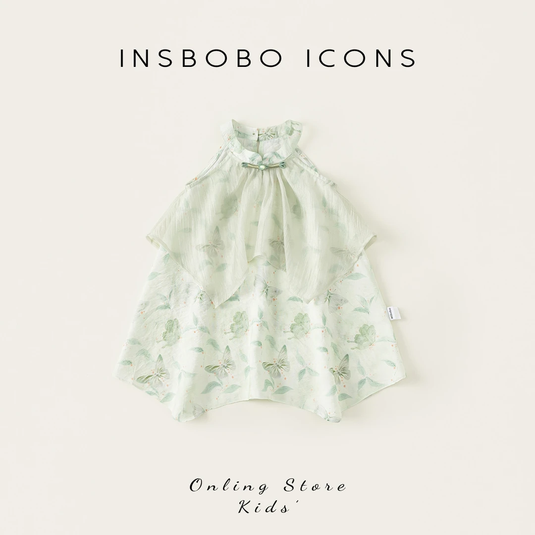 INSbobo儿童新中式碎花裙子夏季新品盘扣时尚无袖连衣裙XQ25040