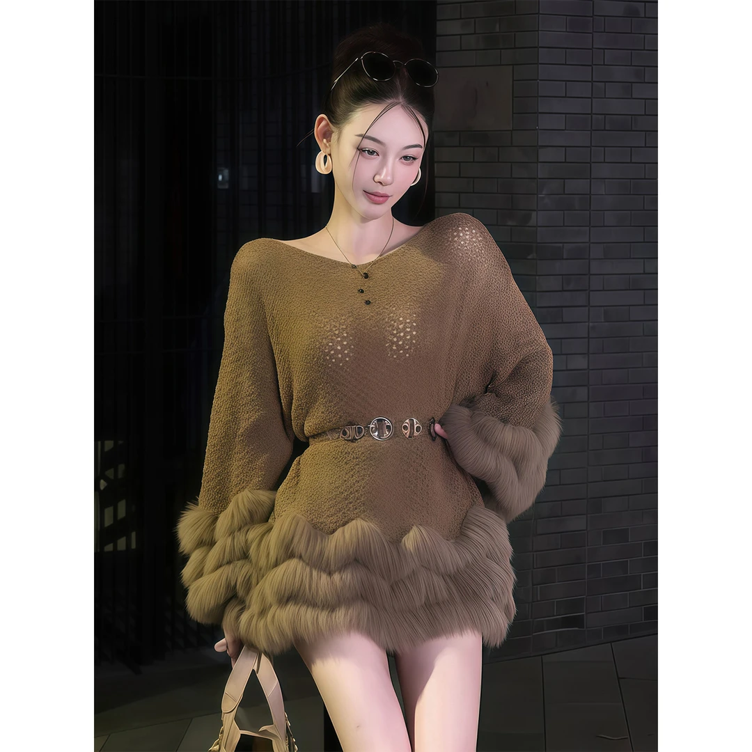美式辣妹拼接长袖针织毛衣女2025早秋新款宽松显瘦高级感长款上衣