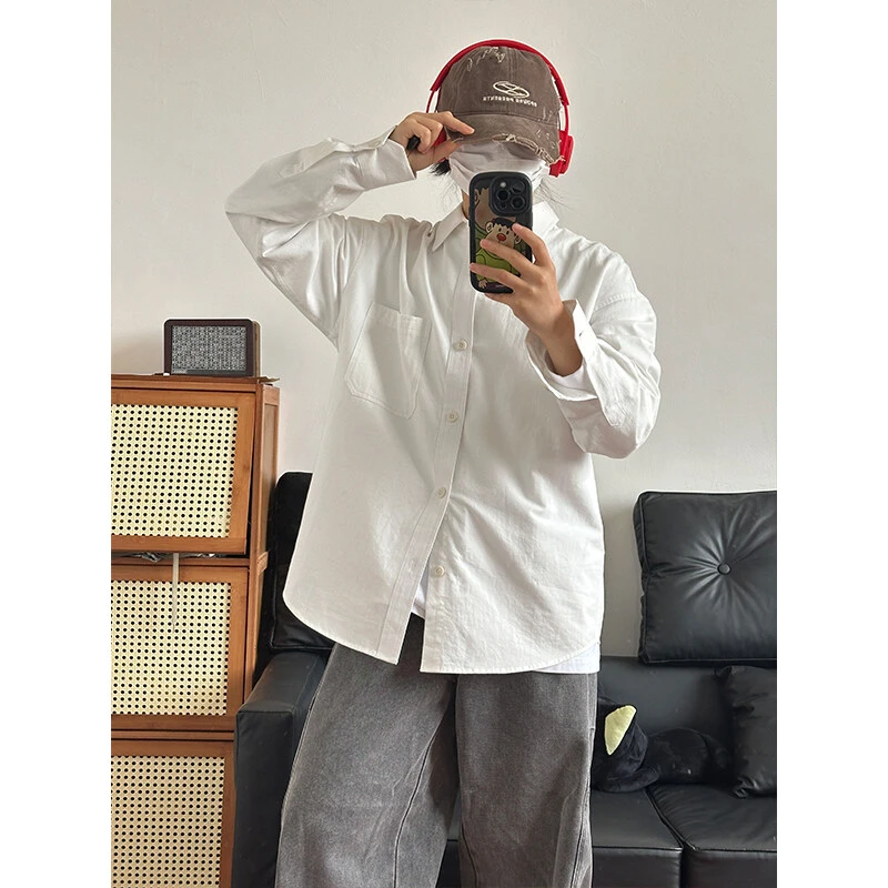 棉纯棉衬衫成衣水洗休闲韩版美式衬衫宽松纯色衬衣 GC27-薄款长袖