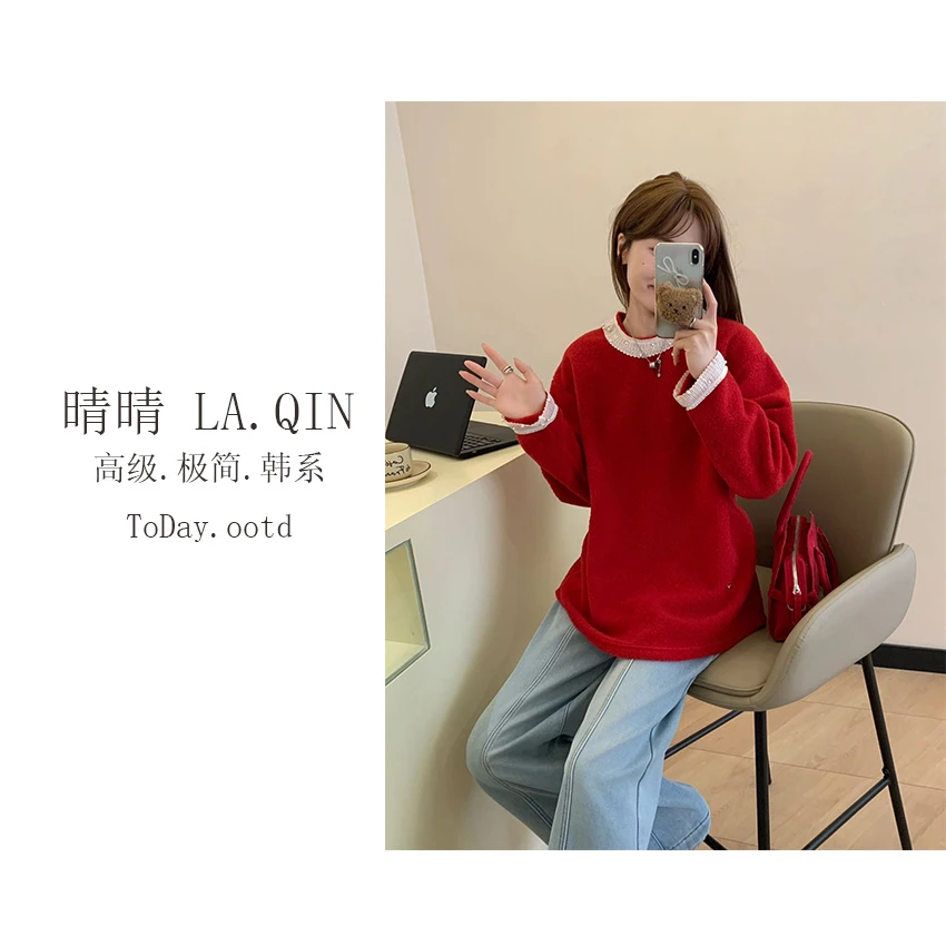 晴晴家 -【珍珠糖果色】韩系时尚慵懒感蕾丝花边打底衫7061