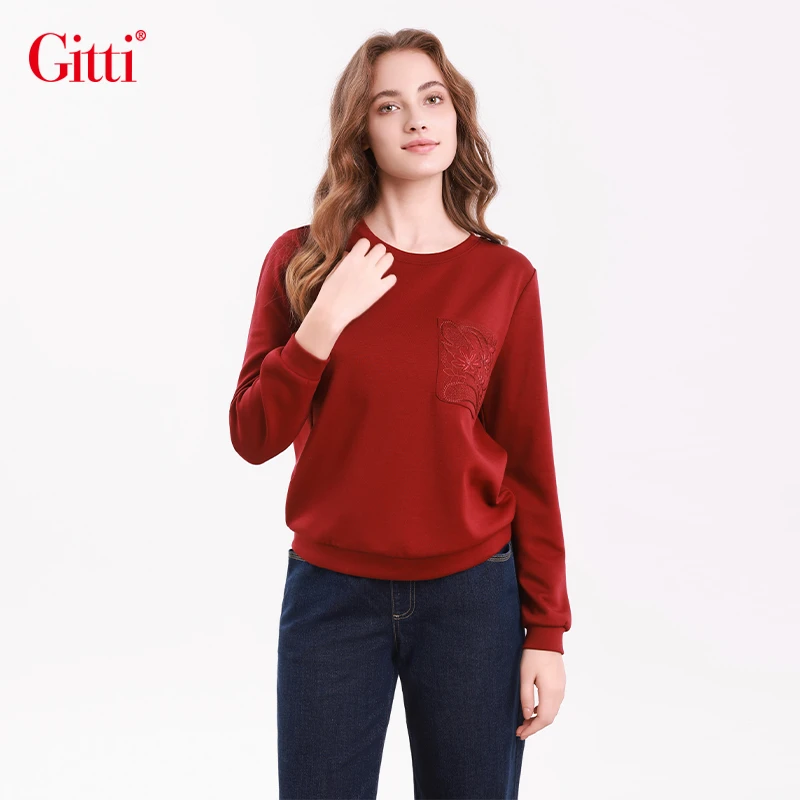 Gitti/吉蒂厚款重磅空气屋刺绣卫衣女显瘦大码针织上衣G255279