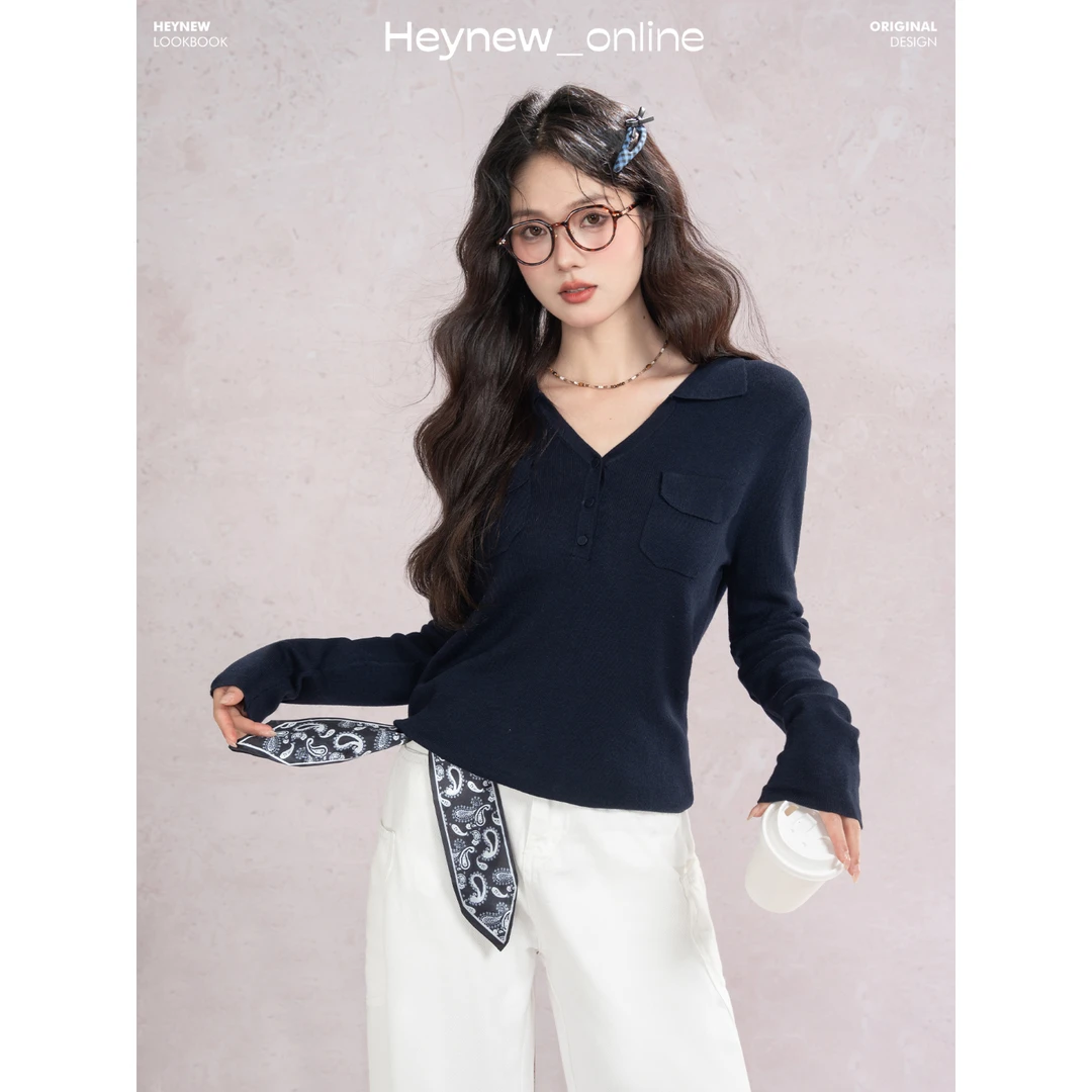 LOVEHEYNEW复古V袋设计针织衫女秋季收腰显瘦松弛感百搭上衣5x989