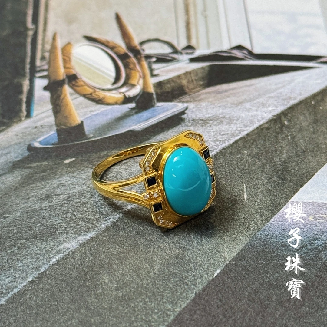 樱子 | 顾意 18K金原矿高瓷蛋面绿松时尚设计方形戒指*YZLSJ2581