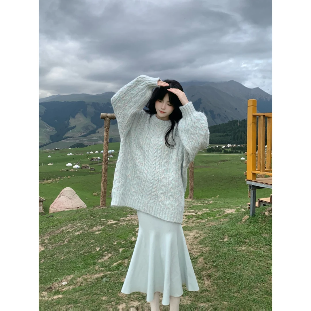 Blovelan海盐天空 加厚麻花可外穿圆领宽松遮肉灯笼袖软糯毛衣