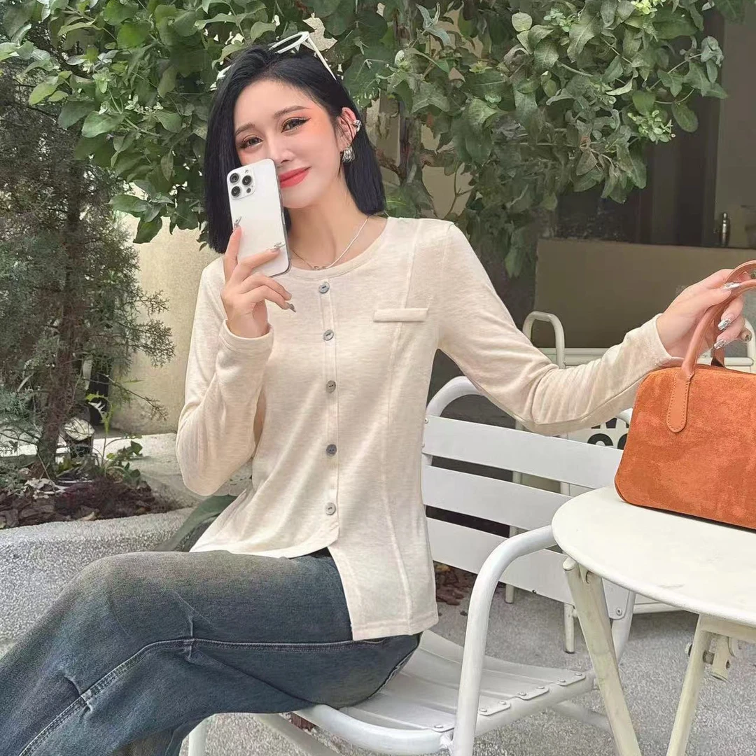 纯色~ 不规则设计&长袖打底 T恤上衣女 A26003