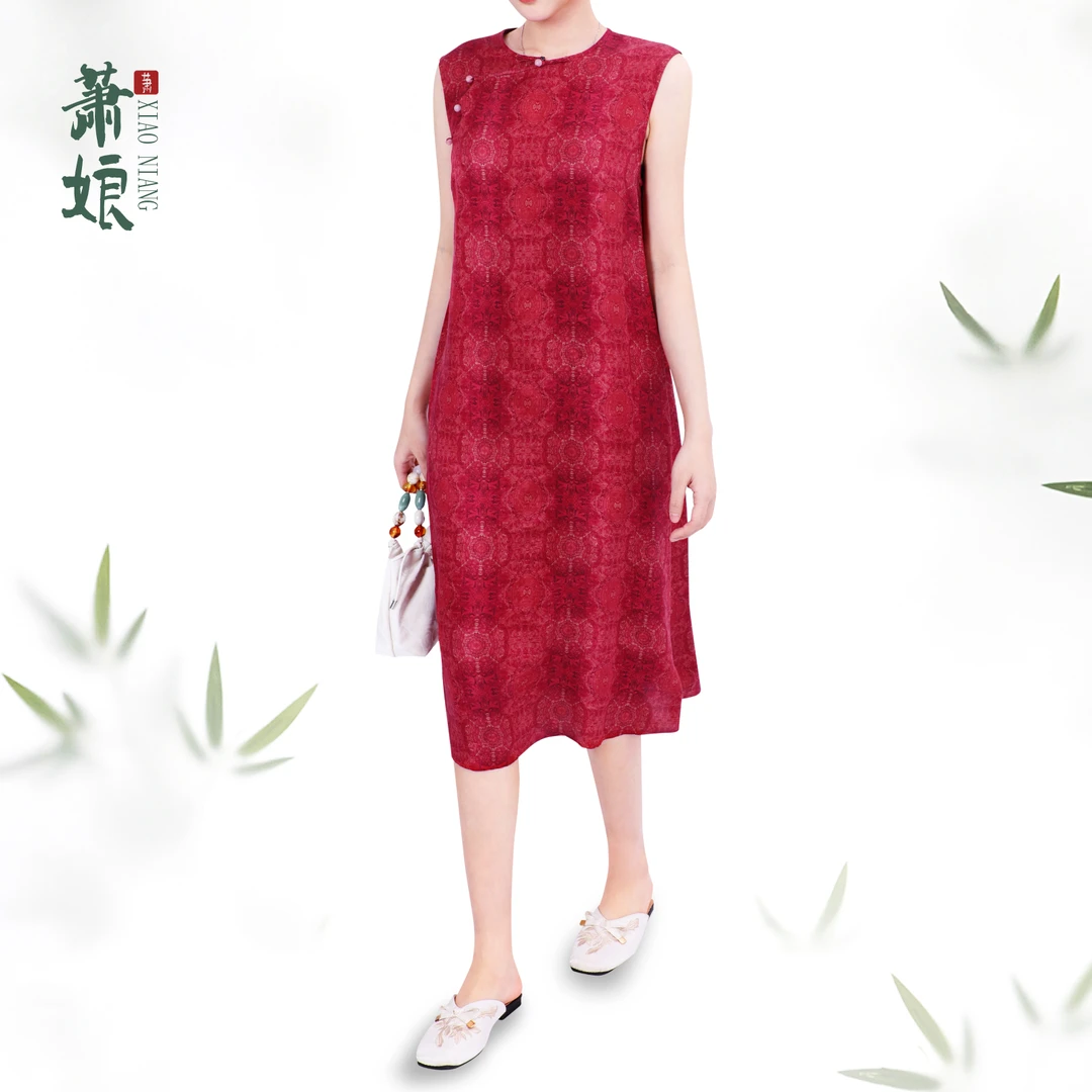 萧娘【绯瞳】红云纱印花缎新中式连衣裙国风宽松连衣裙5521