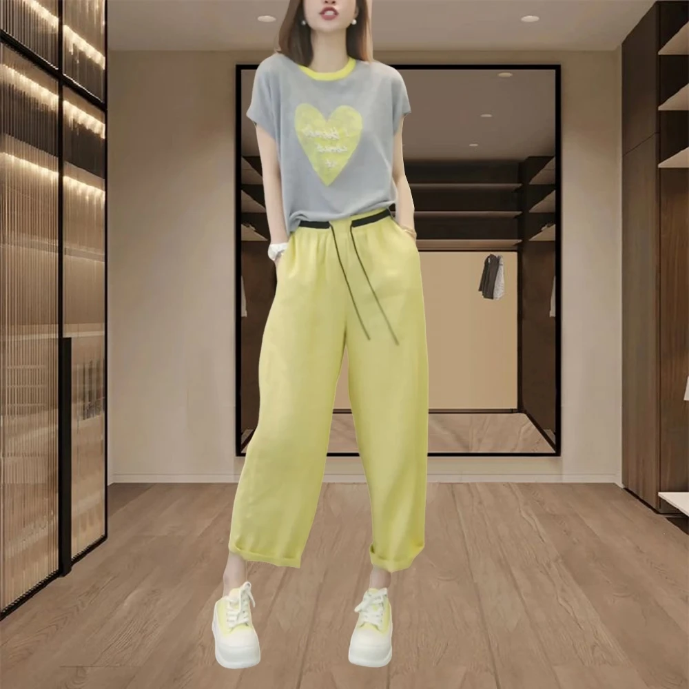 2025夏季新款女士休闲时髦套装宽松减龄短袖T恤黄色阔腿裤两件套