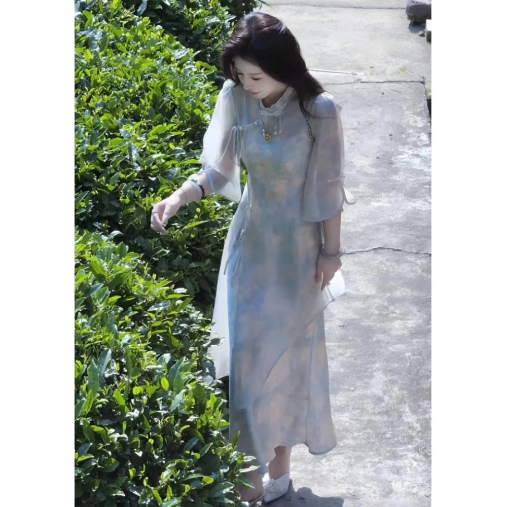 新中式国风长裙夏季收腰显瘦牡丹印花吊带连衣裙+罩衫上衣套装女