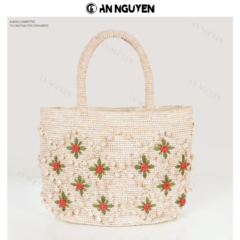 YQ新款手工编织拉菲草精编包立体玫瑰花单肩大容量度假沙滩包