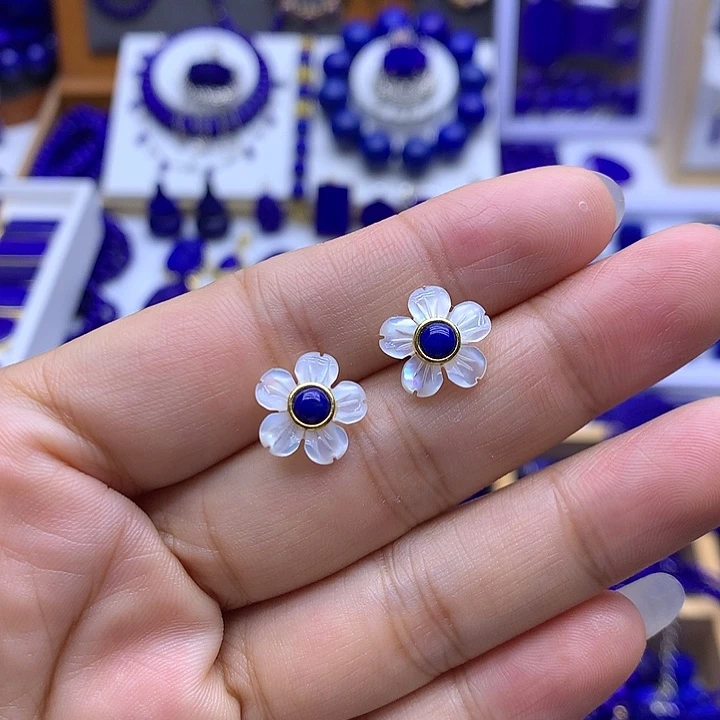 青金石银S925镀金镶嵌耳钉