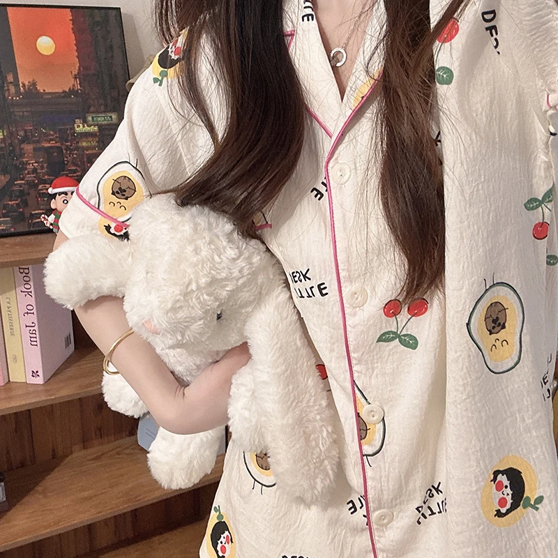 牛油果少女睡衣夏季短袖泡泡棉长裤三件套卡通ins夏天家居服套装