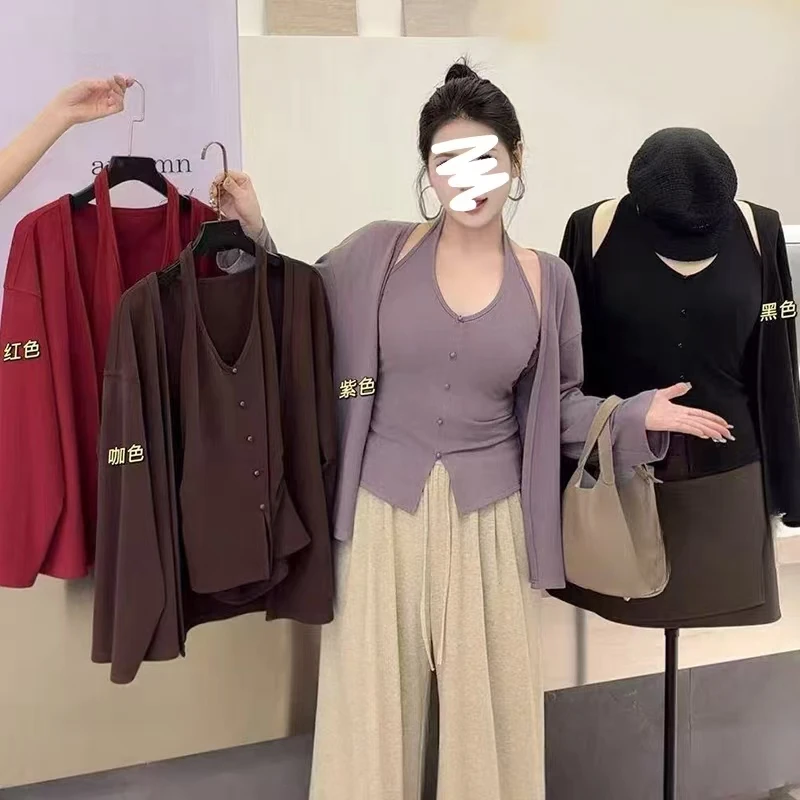 萌萌 气质V领挂脖背心针织开衫两件套女修身遮肚显瘦套装35575
