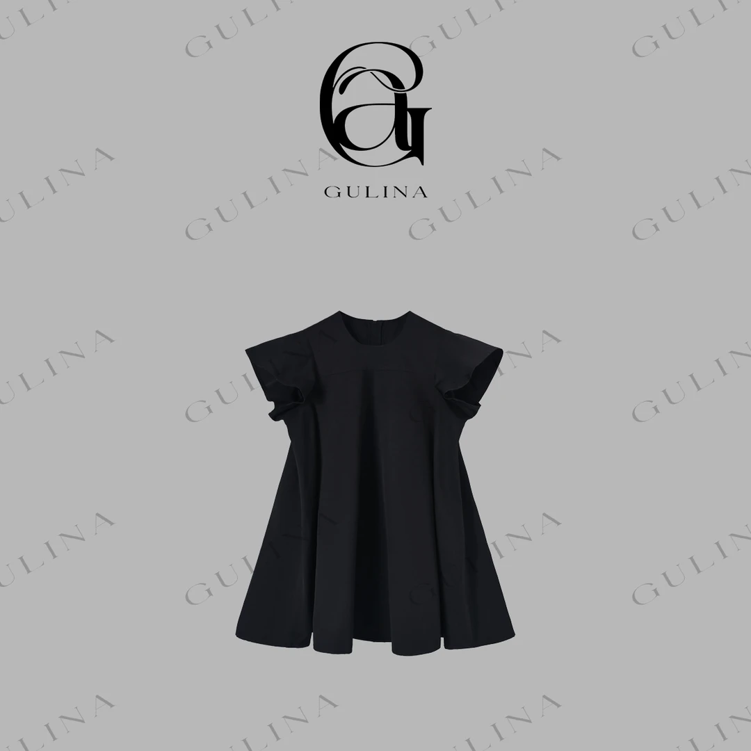 GULINA/娜姐 欧洲站新款泡泡袖黑色收腰裙摆连衣裙女29528