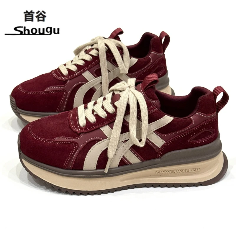 shougu/首谷红色厚底德训鞋女款2025新款超火休闲复古阿甘鞋板鞋