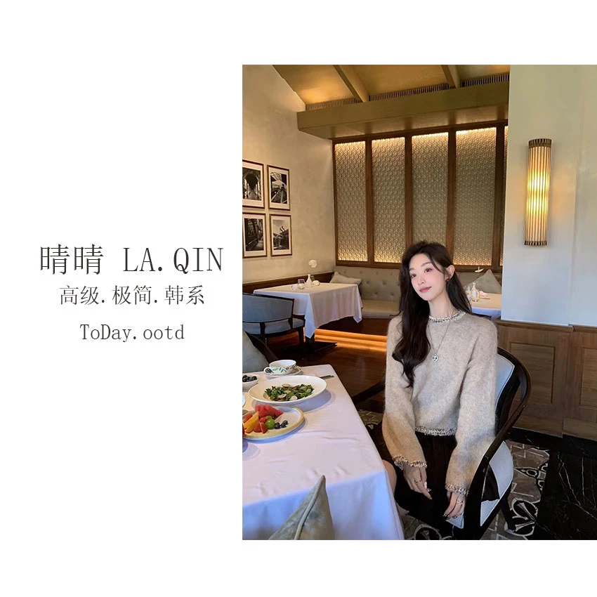晴晴家-【御姐风】冬季韩系潮流冬款气质时尚亮钻长版圆领毛衣D26