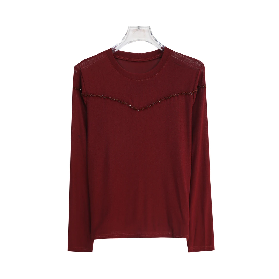 圆领套头拼接网纱烫钻百搭纯色高级感T恤S3389