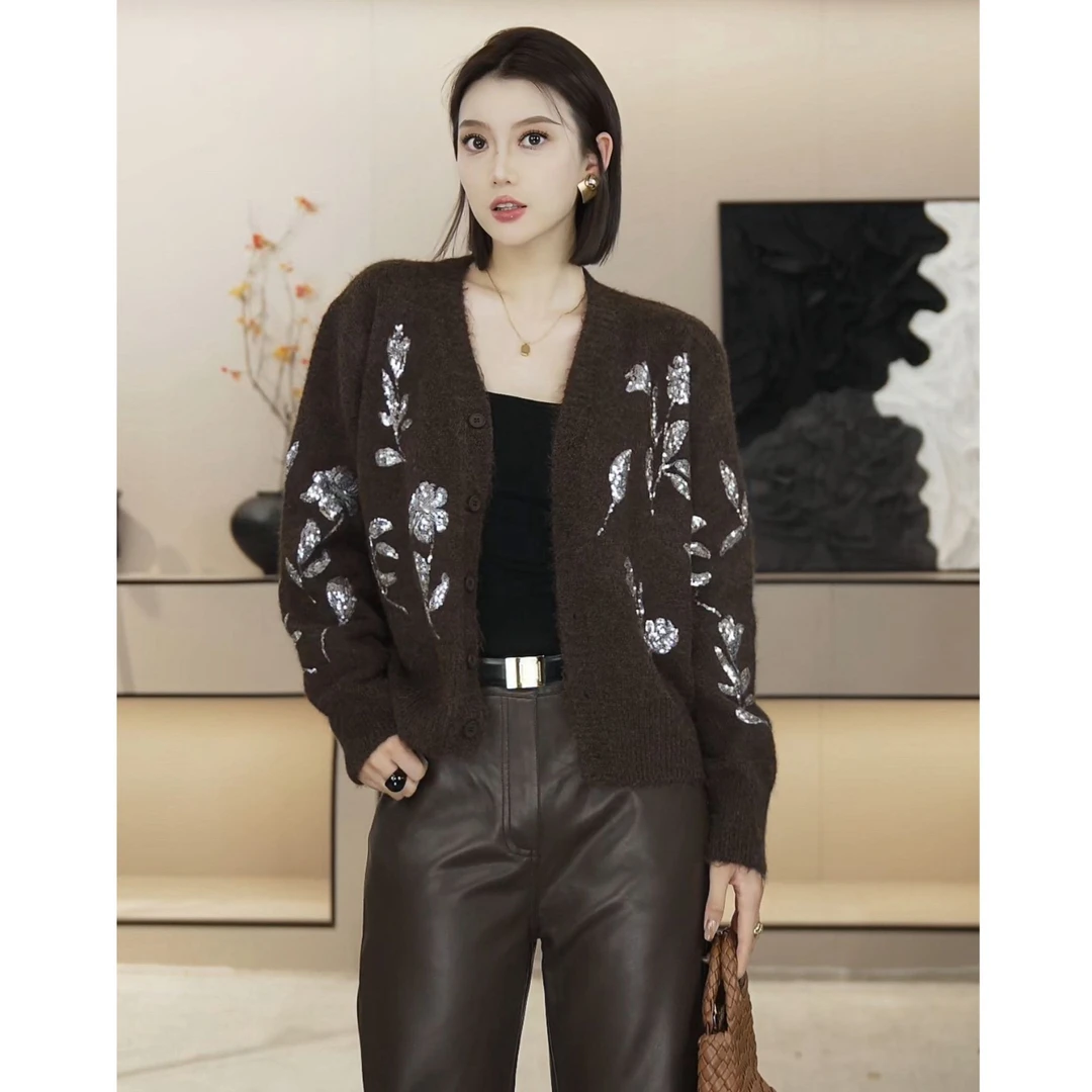 [京京]2025秋季新款V领长袖单排扣开衫毛衣外套HBZWW918116