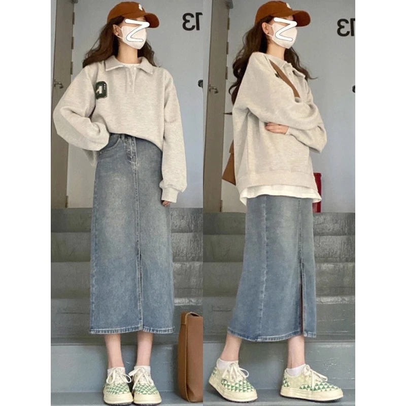复古蓝开叉牛仔半身裙女春秋2025大码胖mm遮肚显瘦中长款a字裙子