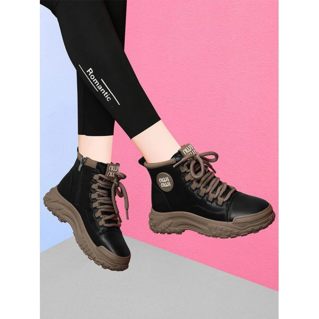 【万达撤柜】真皮高帮鞋女休闲短靴子2025年新款春秋季厚底软皮软底