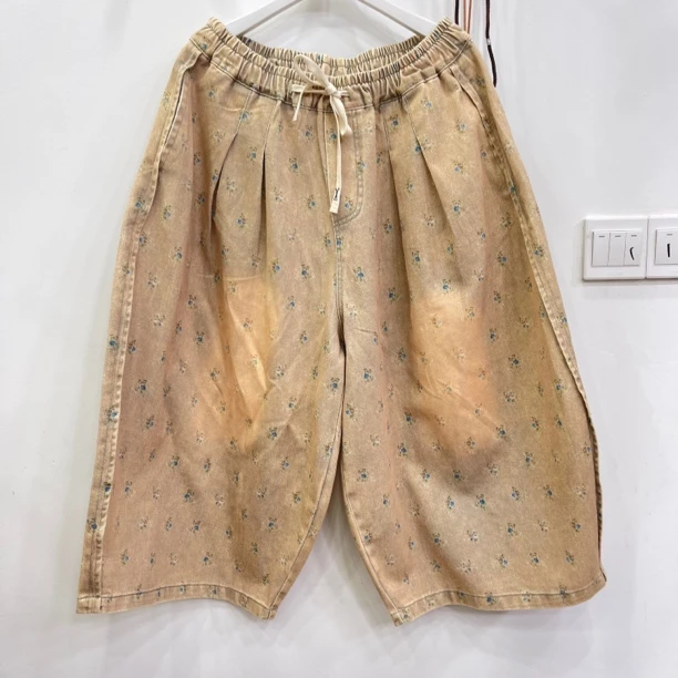 424欧货爆款卡其色小花大版休闲裤女