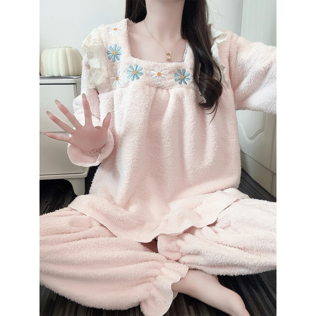 【花朵刺绣】公主风睡衣女秋冬季甜美新款冬天半边绒保暖家居服套装
