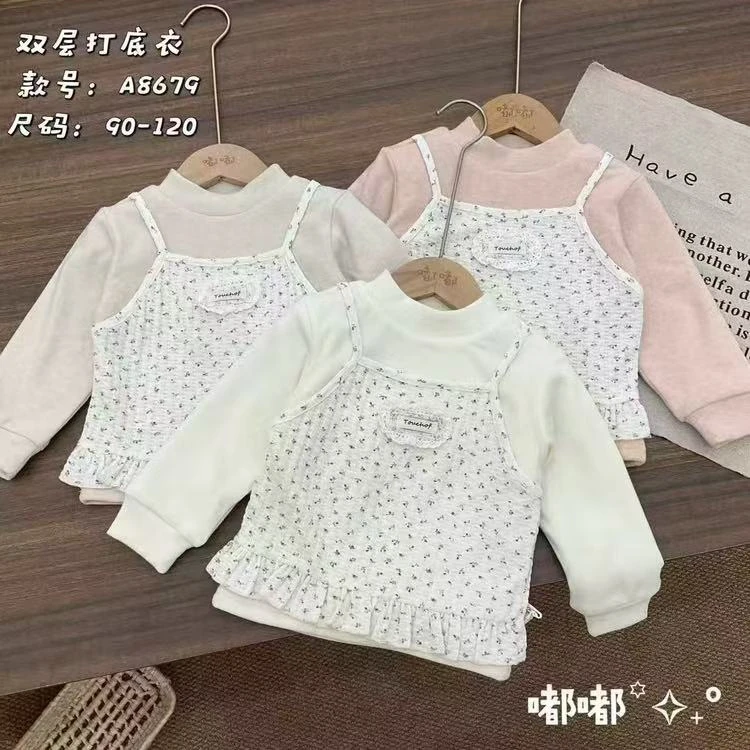 新款吊带假两件碎花儿童双层加厚打底衫8679