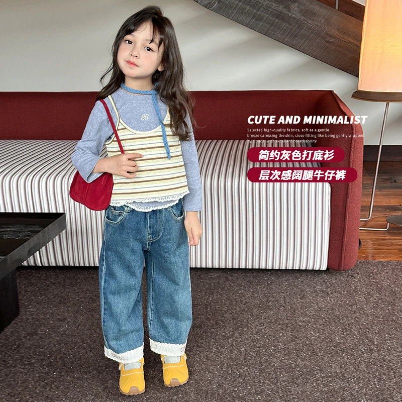 女童秋季套装韩版时尚条纹吊带花边上衣牛仔裤韩系叠穿洋气三件套
