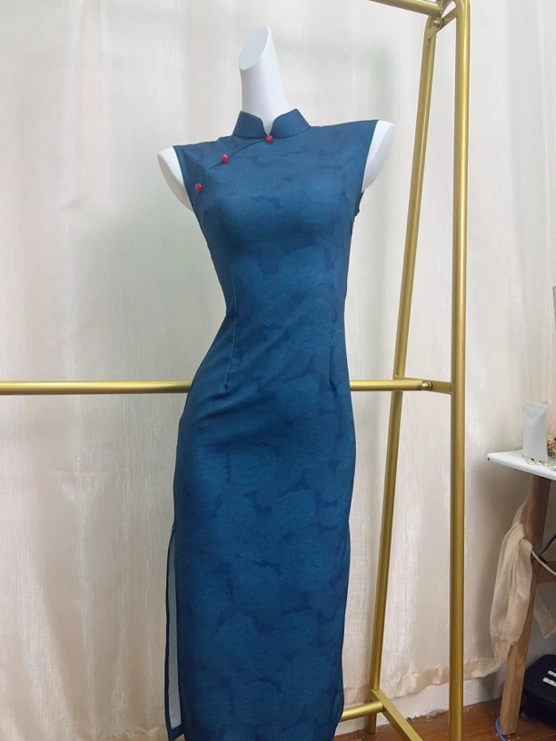 V-3110 蓝色妖姬 十字嘛 无袖新中式夏款年轻款改良旗袍120cm长款