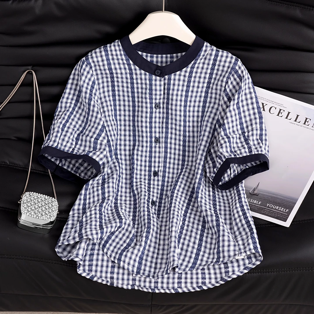 拉夏贝尔格子衬衫短袖女夏薄款轻奢高级感2025新爆款超火减龄小衫
