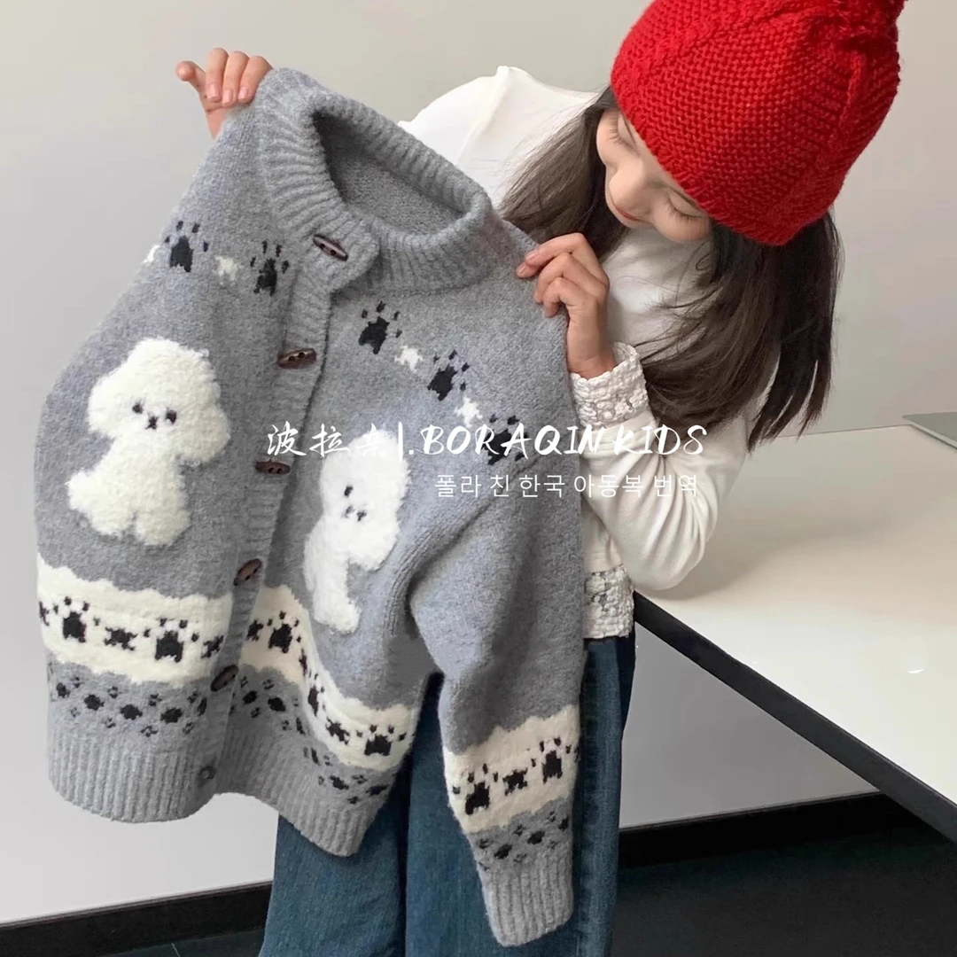 韩版女童2025秋冬季针织衫儿童加厚复古卡通开衫毛衣中大童打底衫