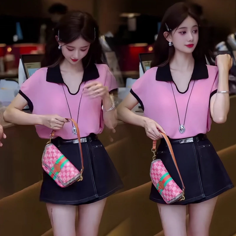 轻氧假日夏季新款时尚百搭显瘦撞色polo领无袖上衣减龄高腰半身裙