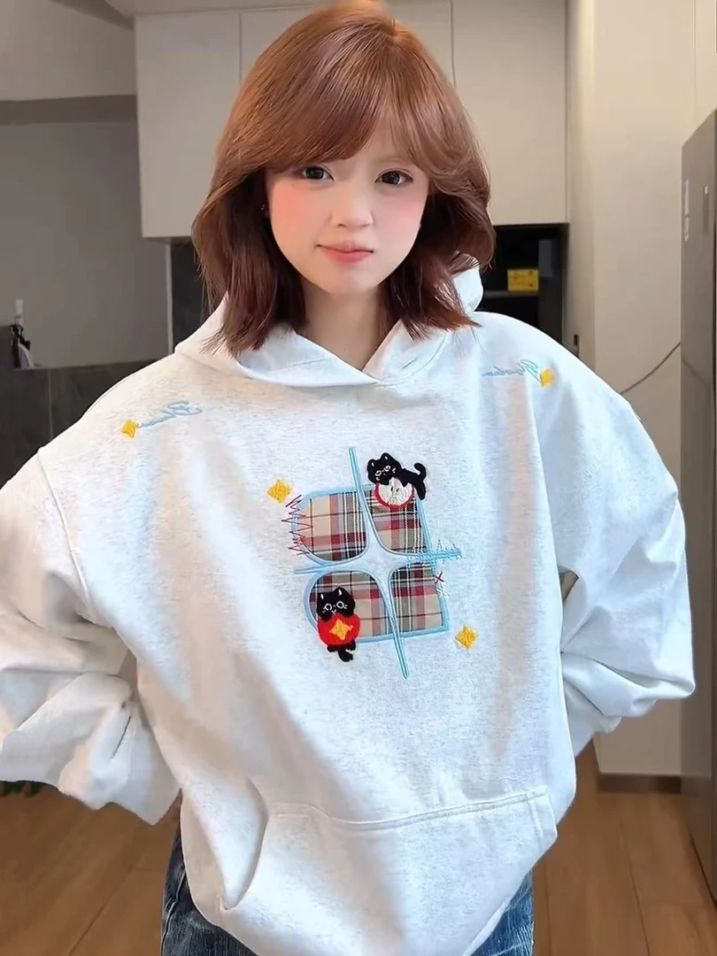 韩系可爱小猫格子毛巾绣连帽卫衣美式休闲连帽上衣女秋冬百搭帽衫