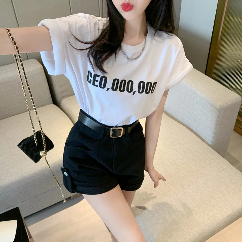 百搭飞袖字母印花T恤上衣女潮显瘦高腰短款时尚不规则设计感韩版