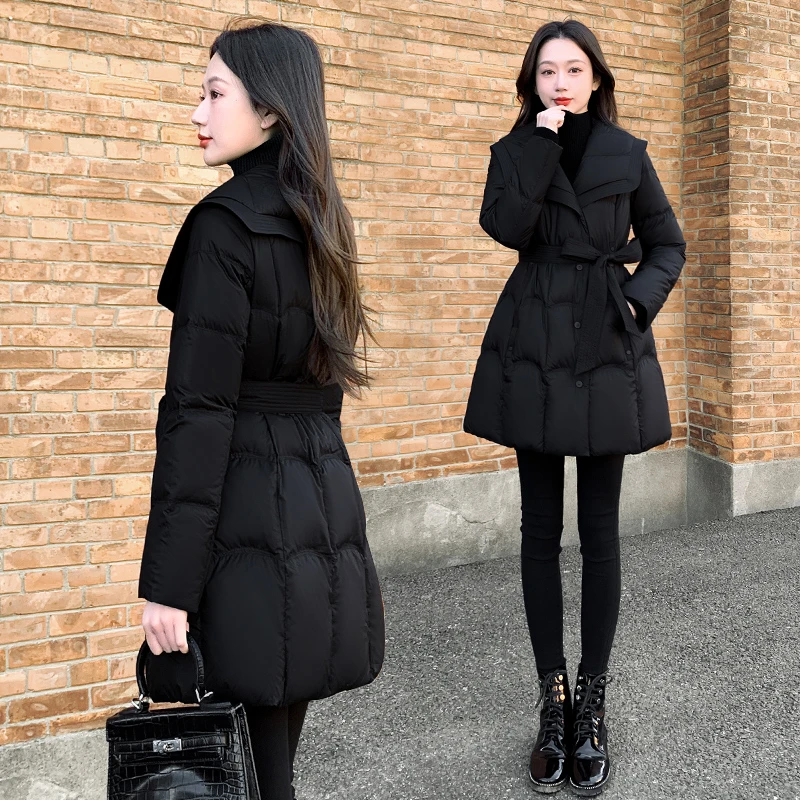 黑色海军领白鸭绒外套减龄2025新款女装冬修身收腰中长款羽绒服女