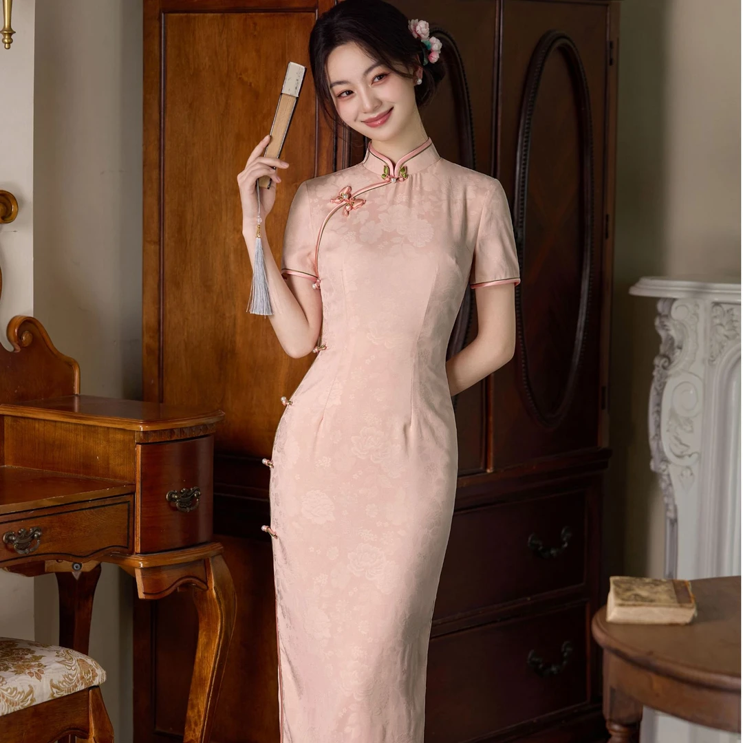【醉江间】2025春款新出炉铜氨丝提花气质显瘦修身双层旗袍 衣长125