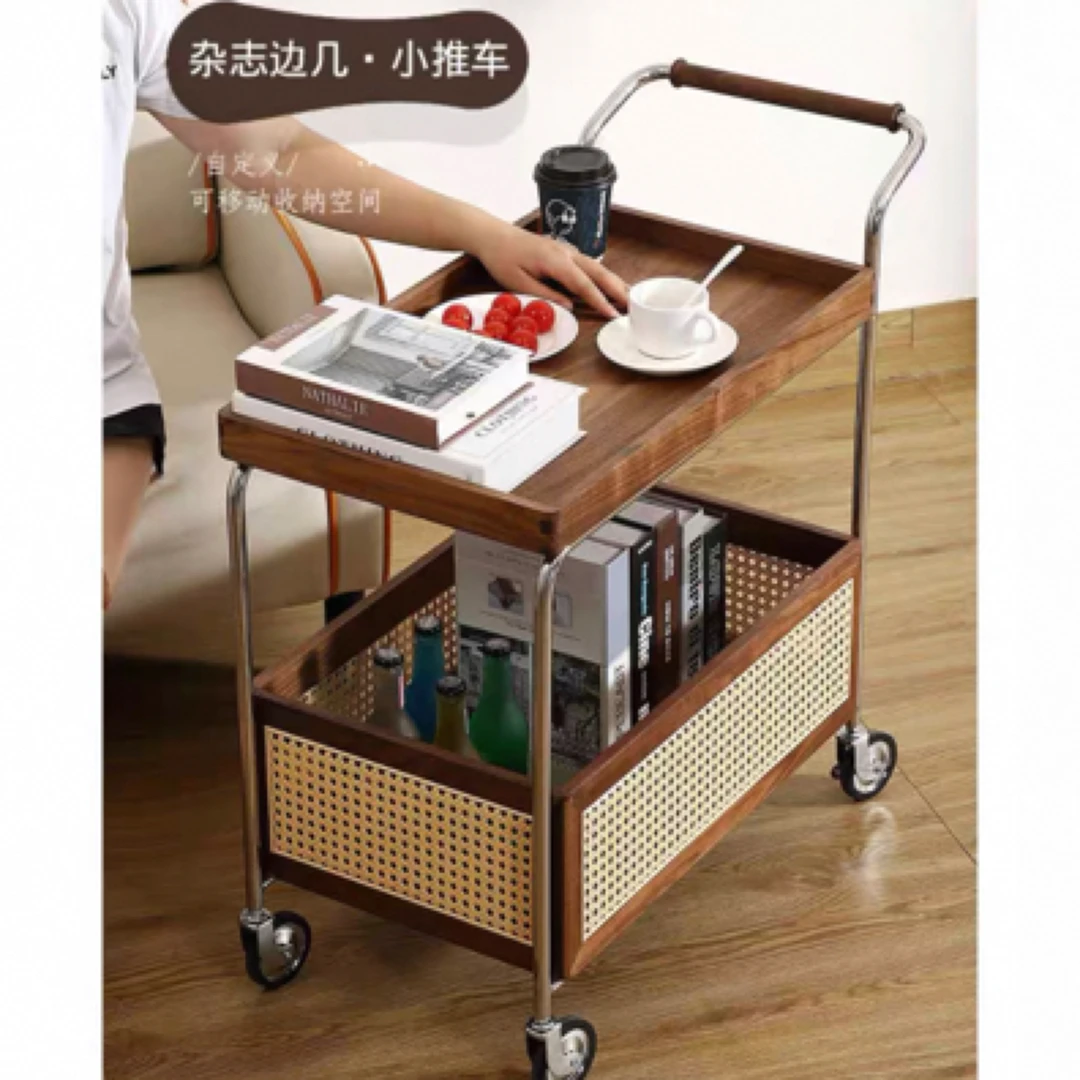北欧复古实木边几黑胡桃木收纳小推车客厅沙发零食柜藤编置物边柜