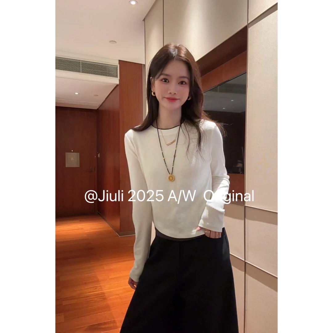 *九莉【可颂打底】假两件圆领百搭长袖T恤打底