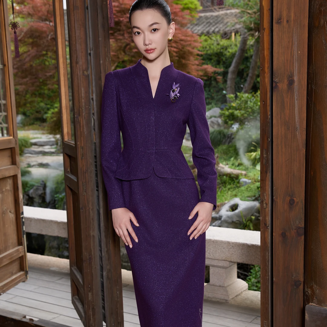 朱紫褕170601深紫色绵羊毛假两件套婚礼妈妈装喜婆婆喜妈妈婚装