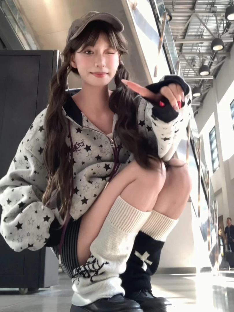 纯棉美式满印星星字母刺绣连帽卫衣女秋冬宽松休闲拉链开衫外套
