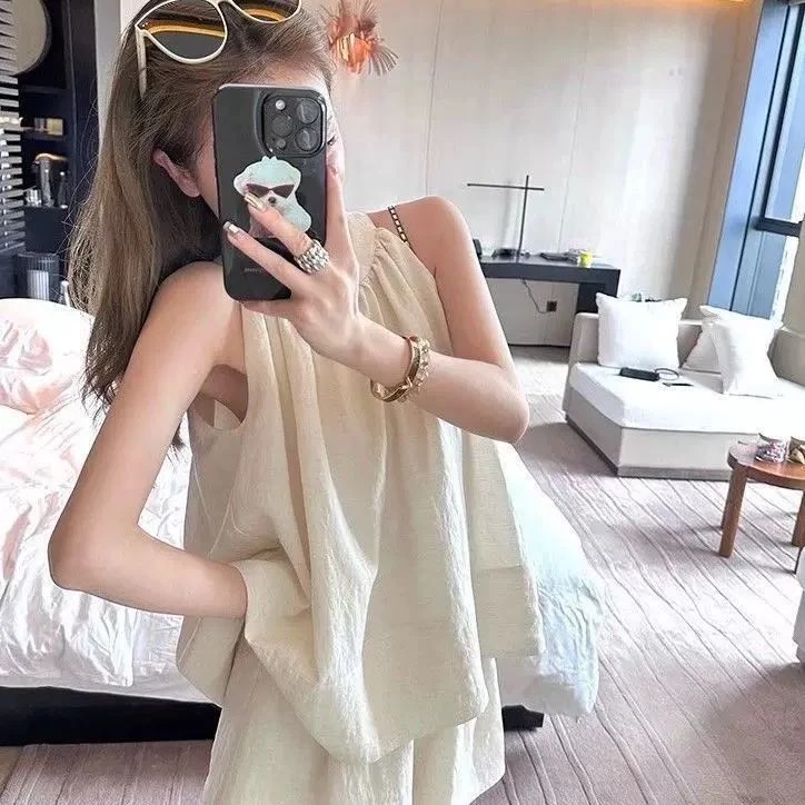 夏季文艺复古气质无袖背心挂脖上衣+休闲短裤套装女0504#0.1