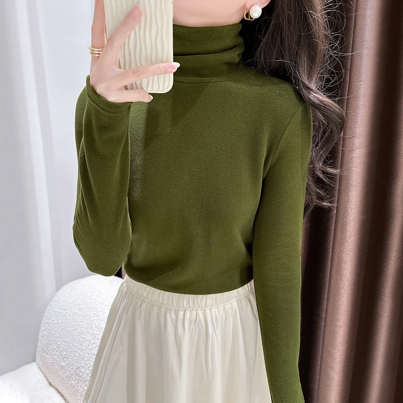 牛油果绿色德绒打底衫女洋气内搭堆堆领长袖T恤秋冬新款保暖上衣