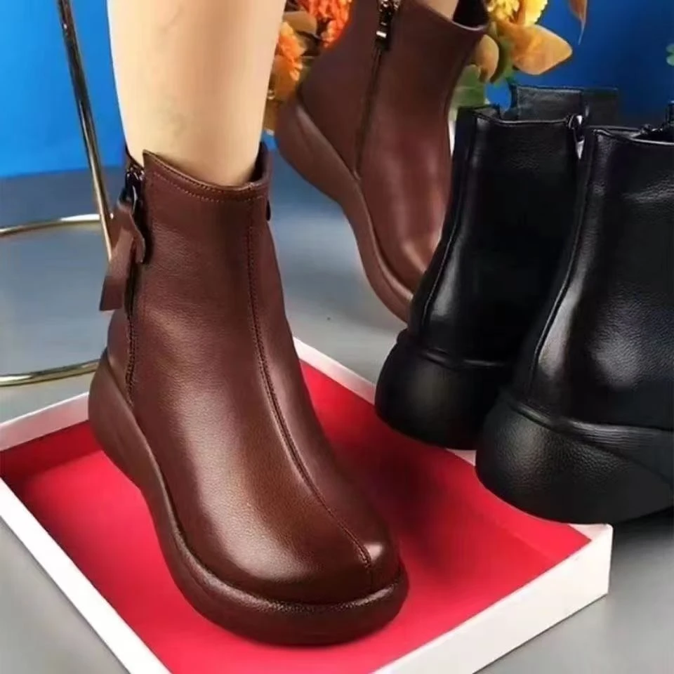 秋冬2025软皮短靴女新款加绒松糕厚底马丁靴妈妈鞋加厚棉靴女靴cy