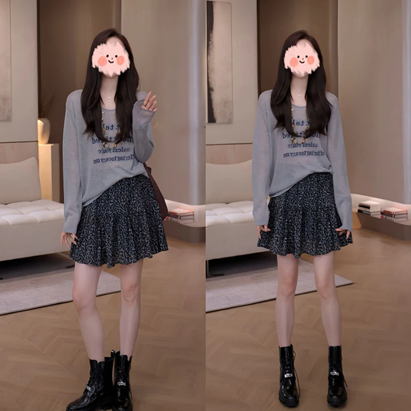 高级感字母灰色圆领长袖t恤高腰碎花短裙2025夏季慵懒风气质穿搭