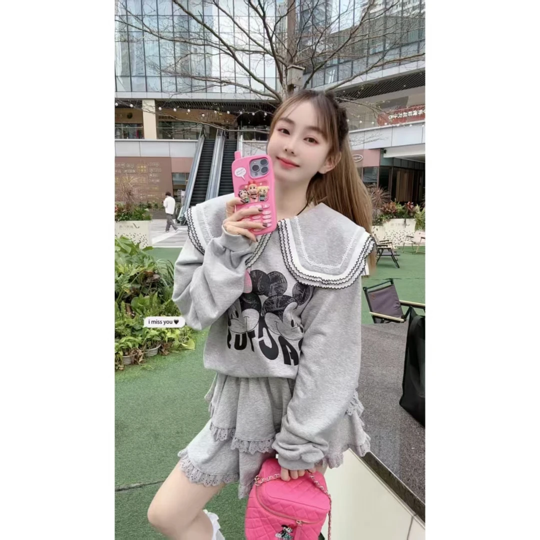 韩国INS时尚印花海军领蕾丝卫衣