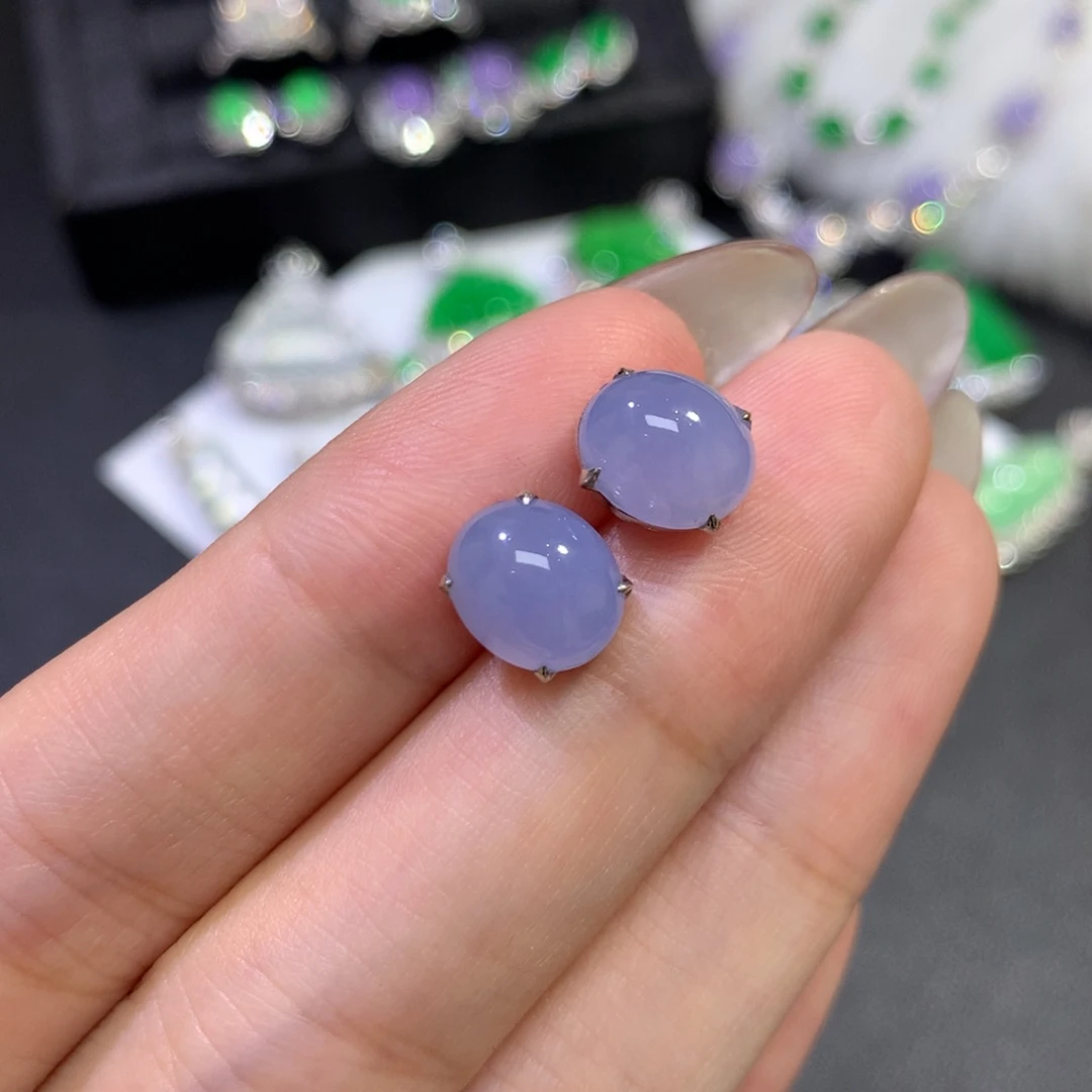 翡翠18K金镶嵌吊坠(赠链)简镶茄紫蛋面耳饰