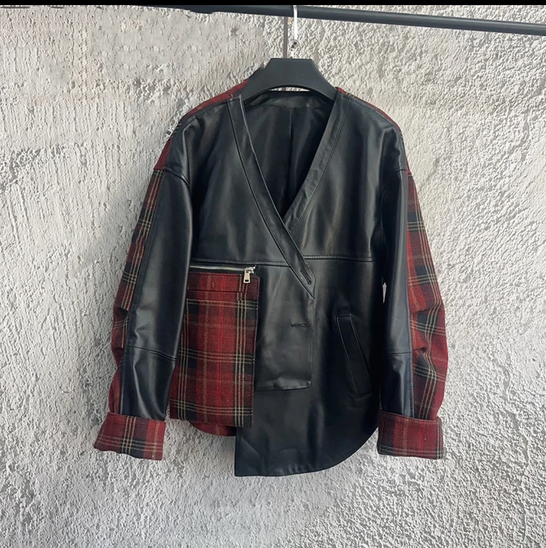 2025春季新款真皮皮衣女V领韩版宽松拼接大码皮衣轻奢洋气外套