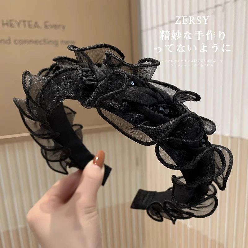 黑色网纱水晶串珠发箍女2025新款高级感麻花宽边头箍洗脸发卡头饰
