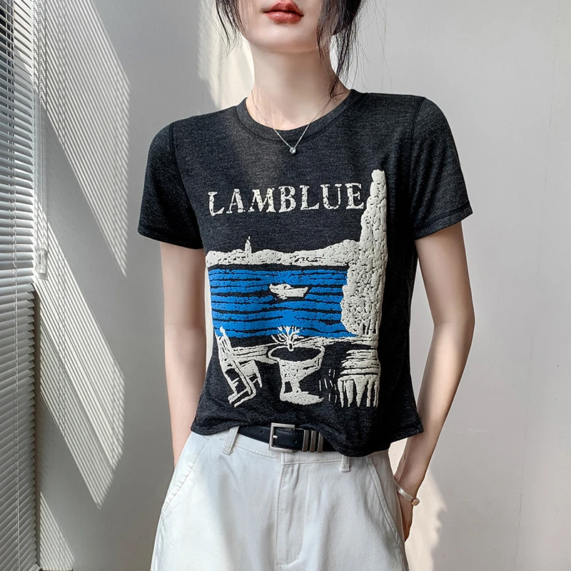 歌倍尚韩版洋气印花圆领短袖T恤女夏季宽松休闲时尚正肩短款上衣